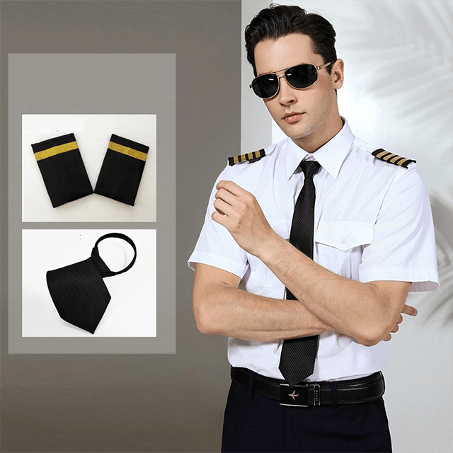 New Arrivals Mens Short Sleeve White Airline Pilot Uniforms Hair Stylist Fashion Slim Fit Black Workwear