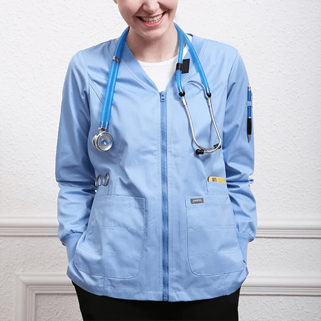 Scrub Jacket Unisex Workwear Outercoat Nurse Working Uniforms Light Weight Knitted Cuffs Zipper Front Tunic 19JK001