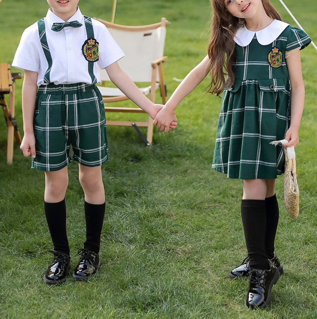 Custom Design Summer Comfortable Short Sleeve Boys And Girls Green Plaid Shirt Suit School Uniform for Primary School
