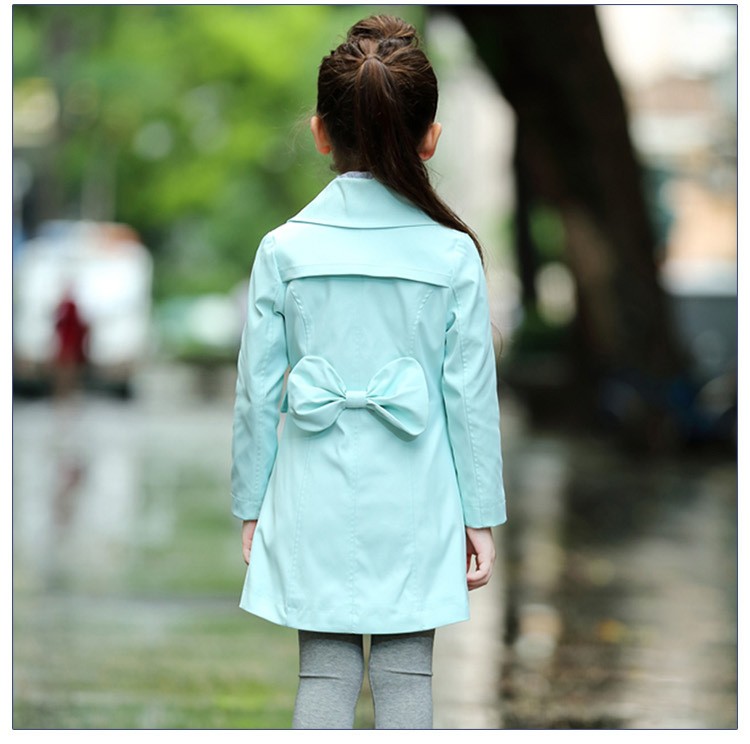 Custom Design Fashionable Light Blue Double Breasted Long Sleeve Little Girls Long Dust Coat with Pocket