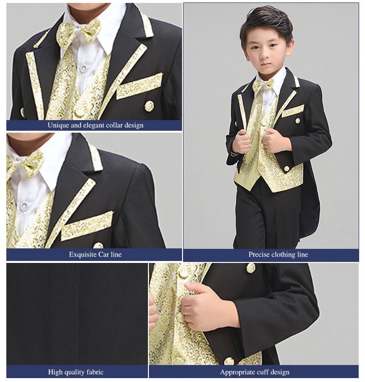 Custom Design Evening Meeting Little Boys Single Breasted Gold Glitter Vest And Tuxedo Suits