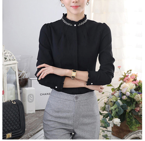 Custom Design Long Sleeve Stand Collar Single Breasted Beading Solid Color Lady Shirt