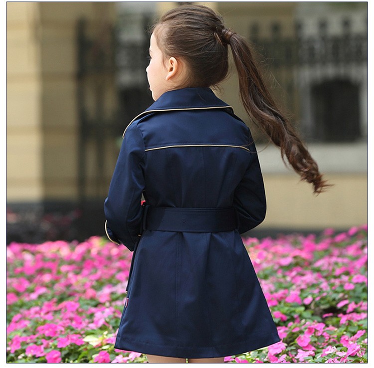 Double Breasted Fashionable Little Girls Double Breasted Long Sleeve Dust Coat with Belt