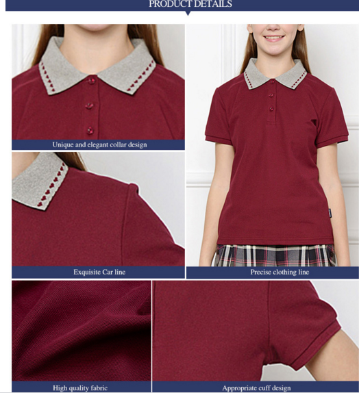 OEM Service School Daily Clothes Short Sleeve Red Turn-down Collar Embroidery Girls School Uniform Shirts