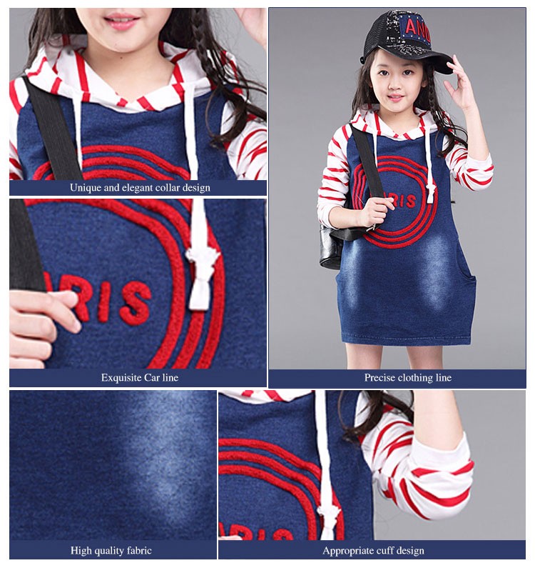 Custom Design Long Sleeve Printing Girls Striped Denim Striped Dress with Hat