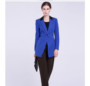 Custom Design Elegant Women Blue Single Button Long Sleeve V-neck Long Blazer