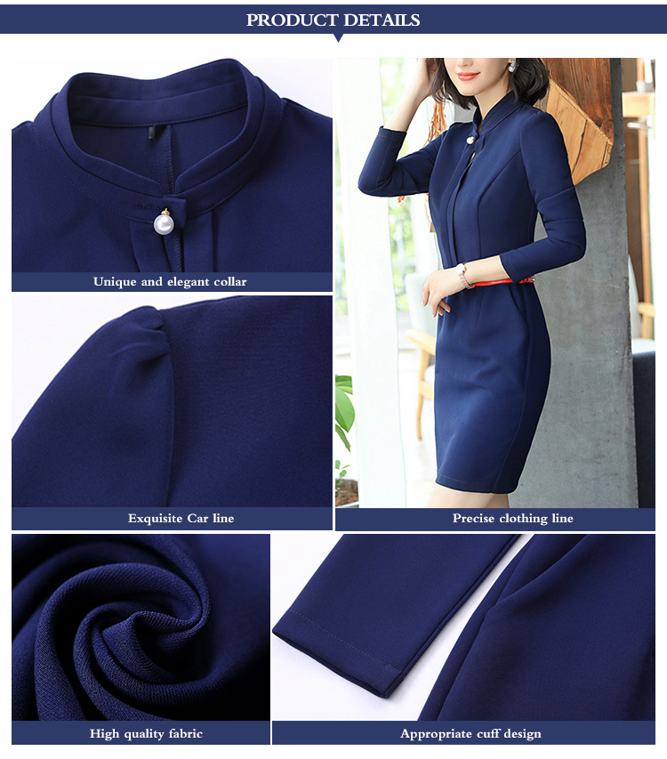 Custom Unique And Elegant Design Long Sleeve Solid Color Lady Office Dress with Belt