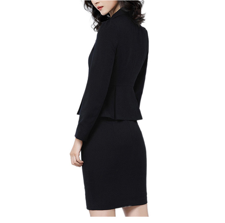 Unique Hem Design Solid Black Color Women Double Breasted Blazer And Single-side Slit Skirt