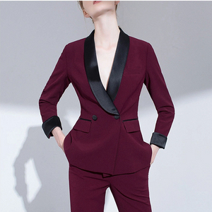 Custom Design Black V-neck Women Office Single Breasted Long Sleeve Red Blazer Suit with Pocket