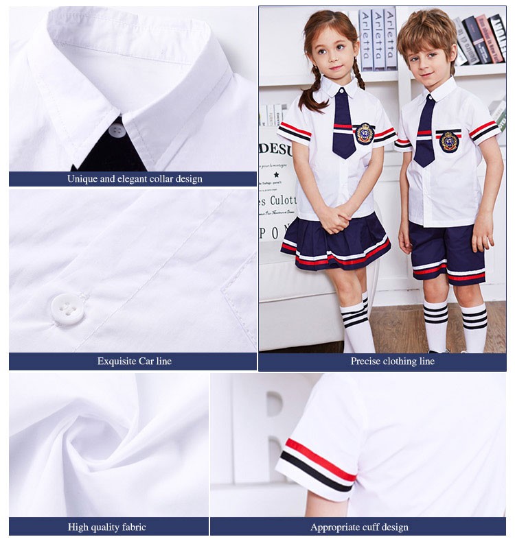 Custom Turn-down Collar Three Quarter Sleeve Boys And Girls White Shirt Primary Uniform Set Design
