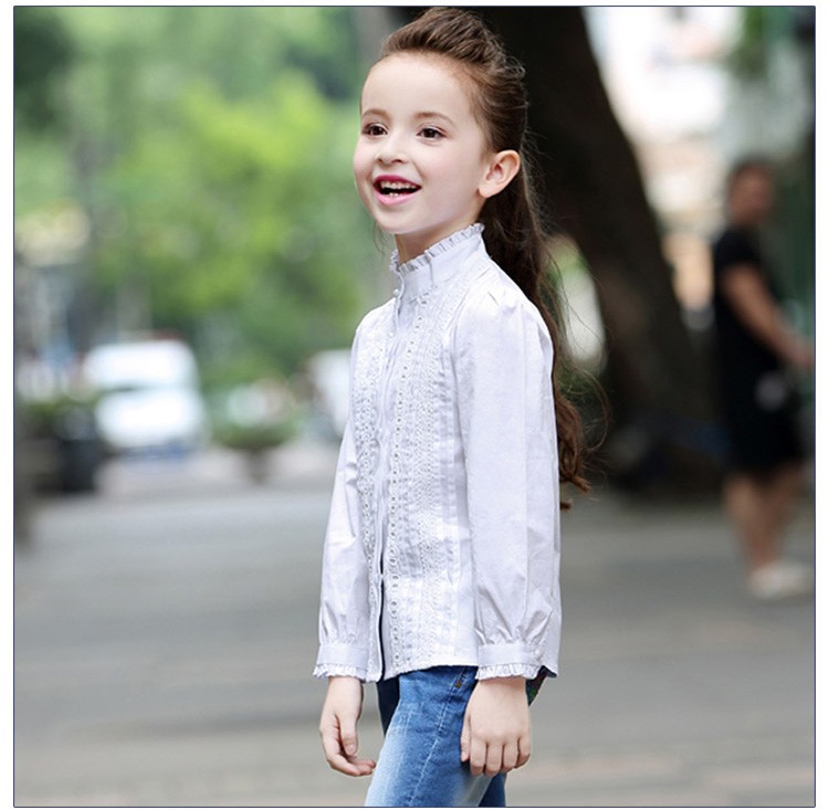 Custom Design Fashionable Stand Collar Solid Color Little Girls Lace Long Sleeve Shirts