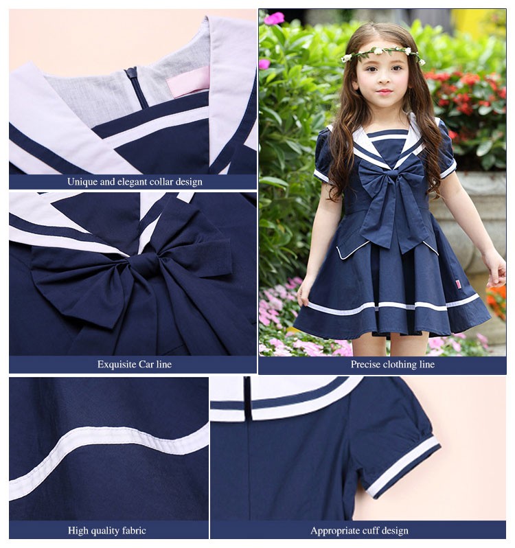 Summer Little Girls Short Sleeve Navy Blue Dresses with Unique And Elegant Collar Design