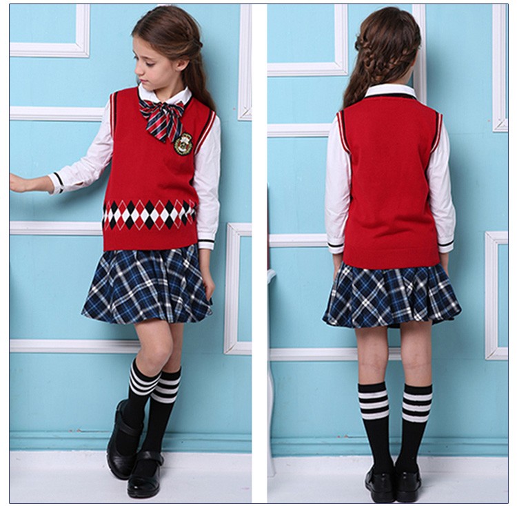 England Style School Girls Student Uniform Red Plaid Pleated Skirt Suit