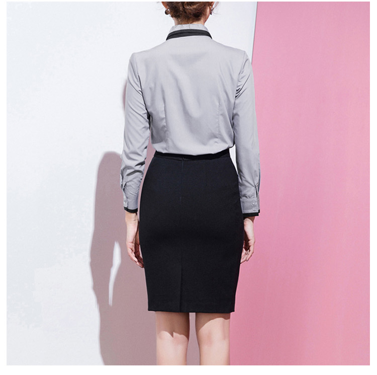 Custom Design Women Office Turn-down Collar Long Sleeve Grey Shirt And Mid-calf Skirt