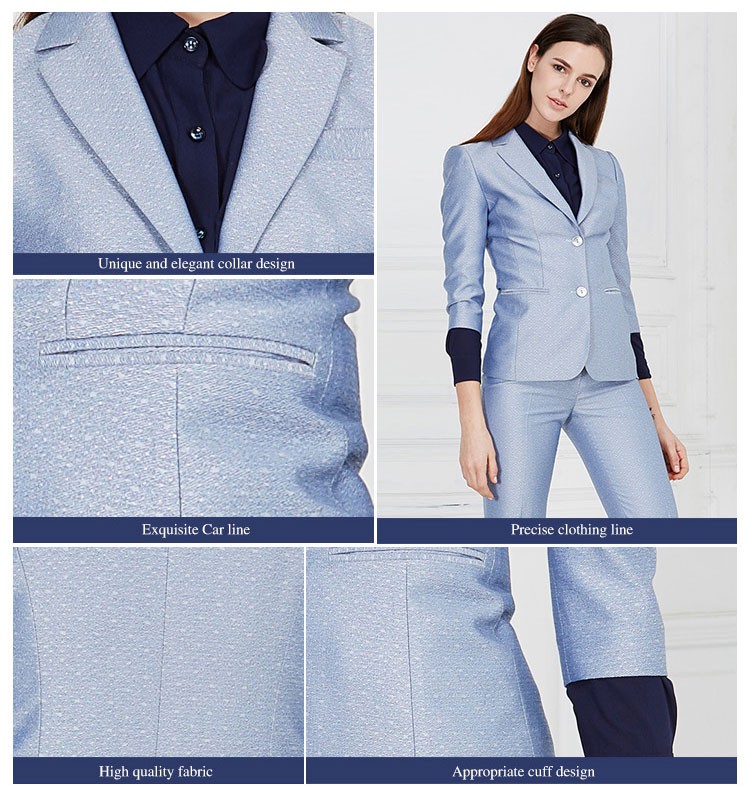 Custom Design Spring Single Breasted Long Sleeve V-neck Women Light Blue Blazer Suit And Pants
