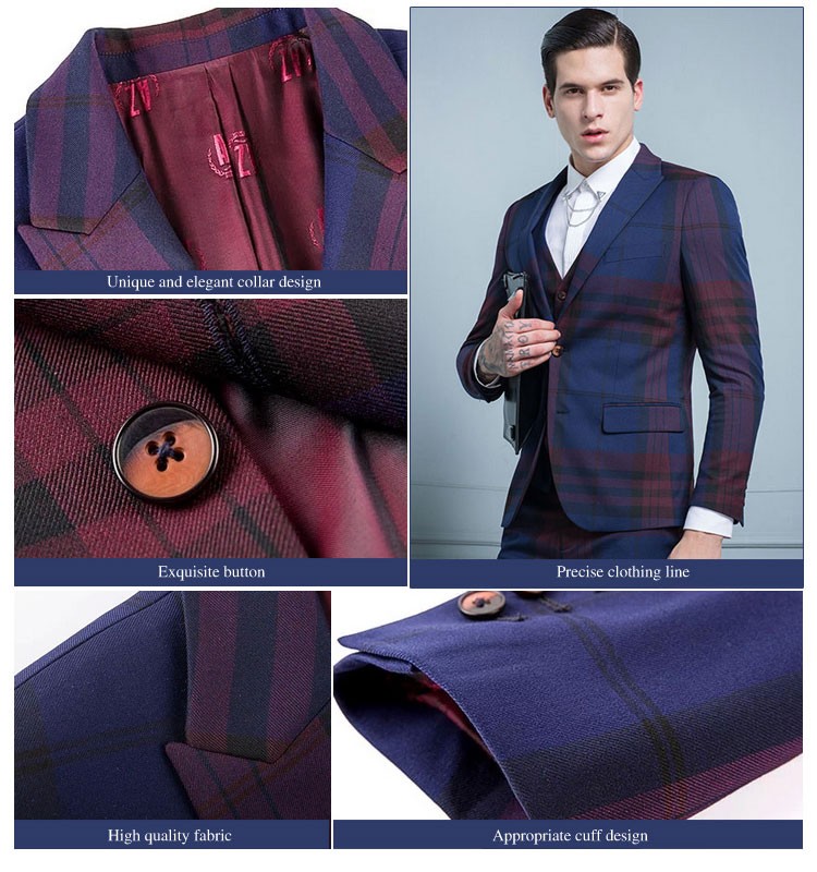 Custom Design Men Fashion Woven V-neck Single Breasted Dark Blue Red Plaid Suit