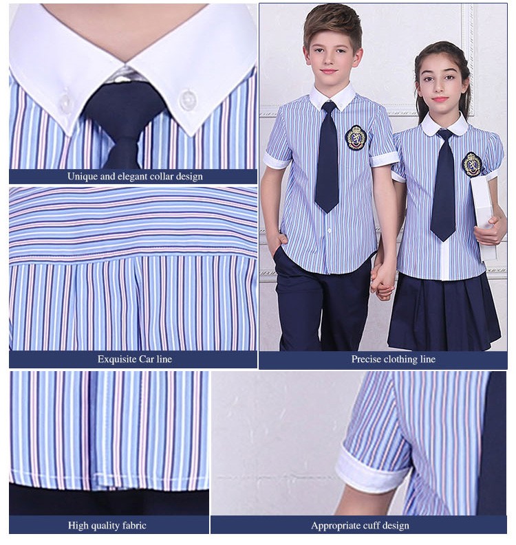 Summer Boys Girls School Shirt Child Short Sleeve Stripe School Uniform Shirts