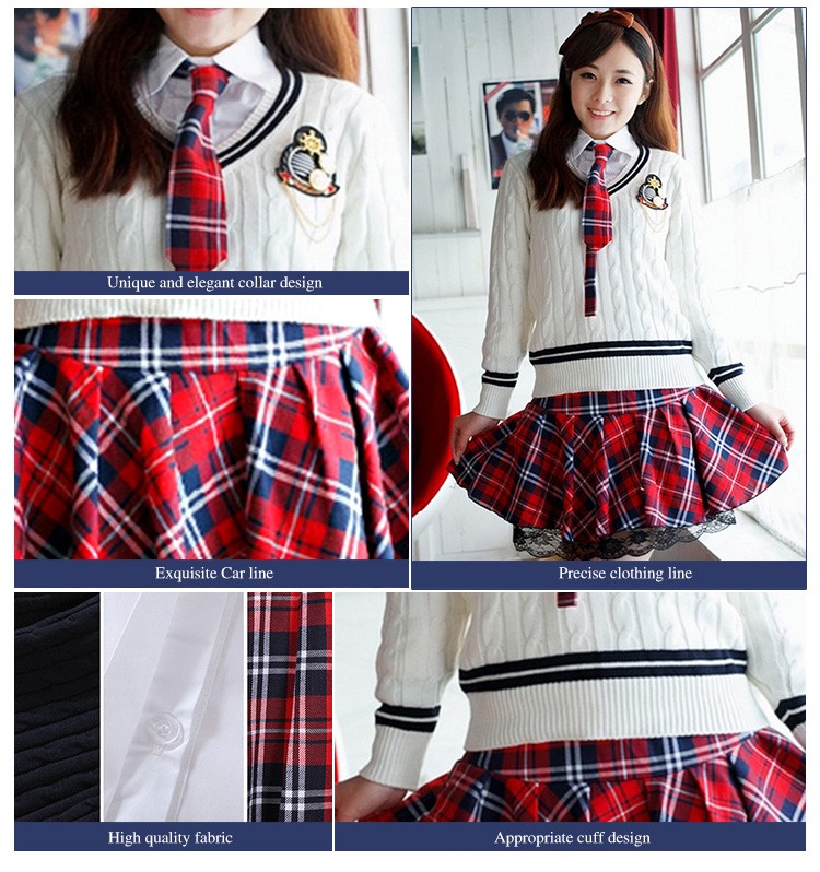 3 Pieces South Korea School Girls Red Plaid Uniform Skirt Suit with Bow Tie