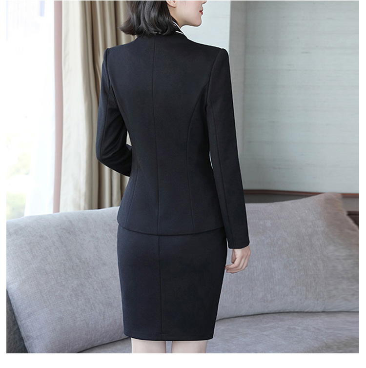 Custom Design Solid Black Color Women Office Round Hem Long Sleeve Single Button Blazer And Tailored Skirt