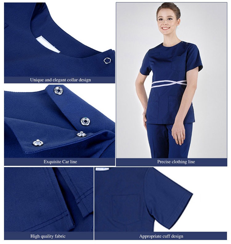 Fashion Navy Blue Women Hospital Uniform Nurse Uniform Medical Scrubs Top And Pants