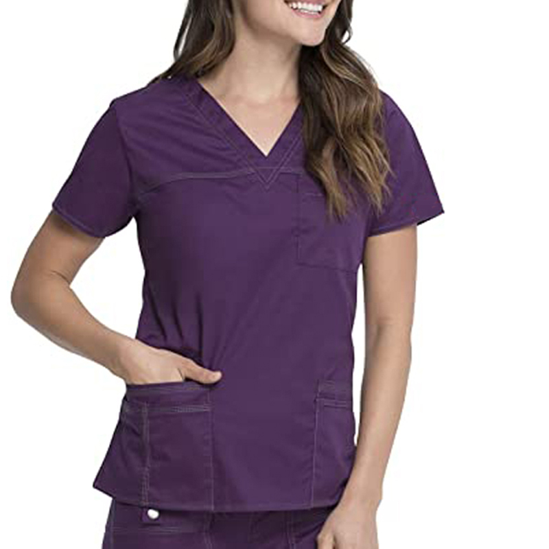Tailored 100% Cotton Fashionable Nurse Uniform Designs V-neck Solid Scrub Top