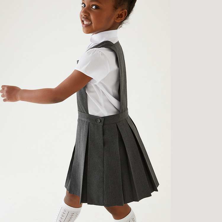 Custom Solid Grey Color 2 Pieces Girls Pleated Jumper Skirt Children School Uniform Skirt