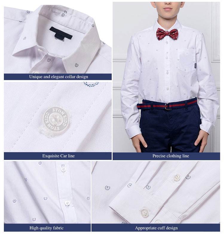 Custom Design 100% Cotton Turn-down Collar Printed Boys Long Sleeve White Shirt 