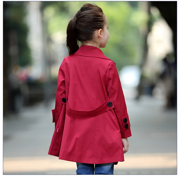 Custom Design Autumn Long Sleeve Single Breasted V-neck Little Girls Red Long Coat