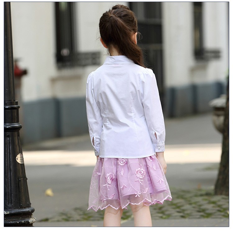 Custom Design 2 Pieces Princess Style Girls Lace Long Sleeve White Shirt And Gauze Skirt
