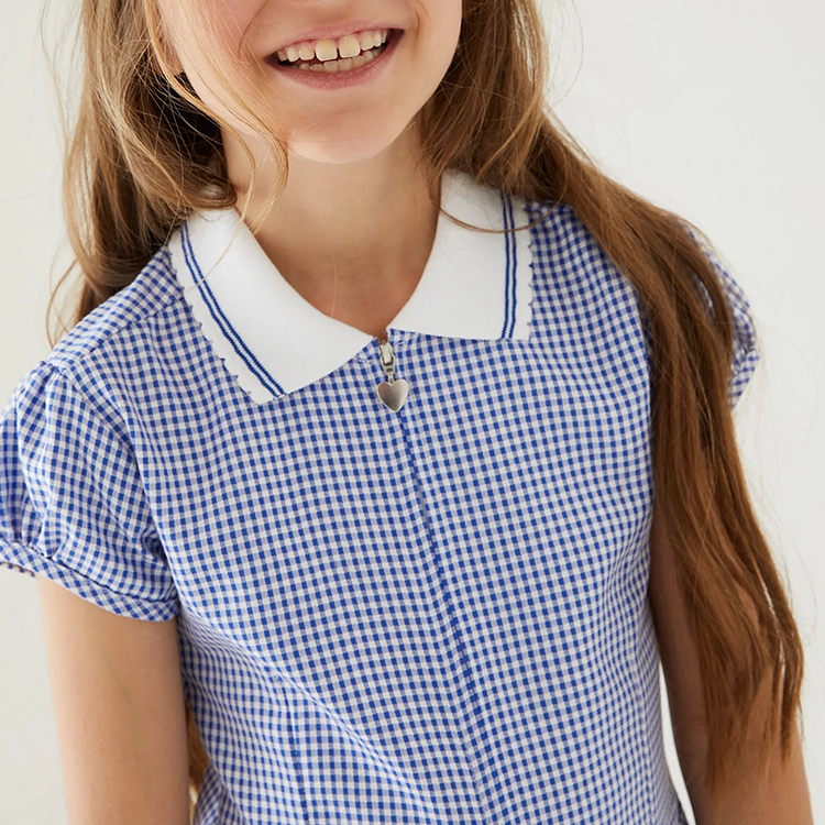 Custom Design Summer School Daily Clothes Zipper Front Plaid Blue Short Sleeve Kids Jumpsuits Children A Piece of Clothing