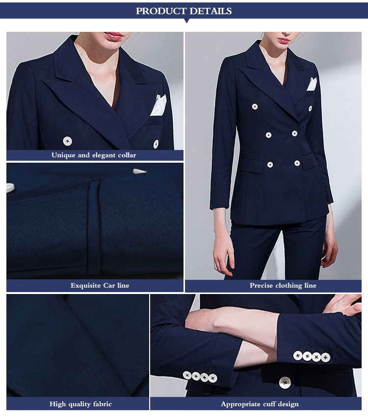 Custom Design Fashionable Dark Blue Women Long Sleeve Double Breasted V-neck Slim Blazer Suit