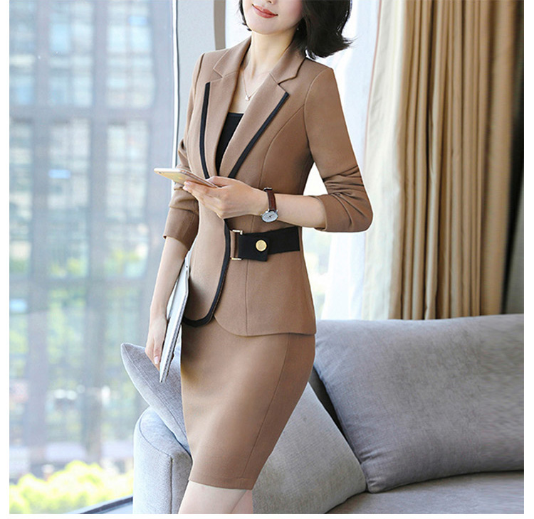 Fashionable Unique Design Belt Brown Women Long Sleeve Blazer And Skirt
