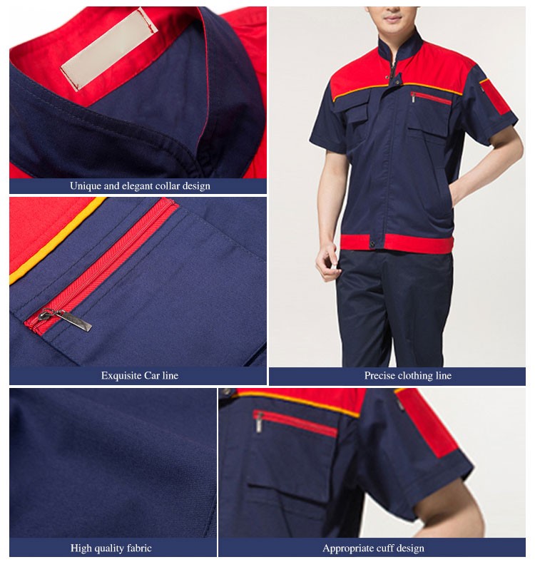 Factory Summer Useful Color Combination Zipper Short Sleeve Working Uniform Set with Four Pocket