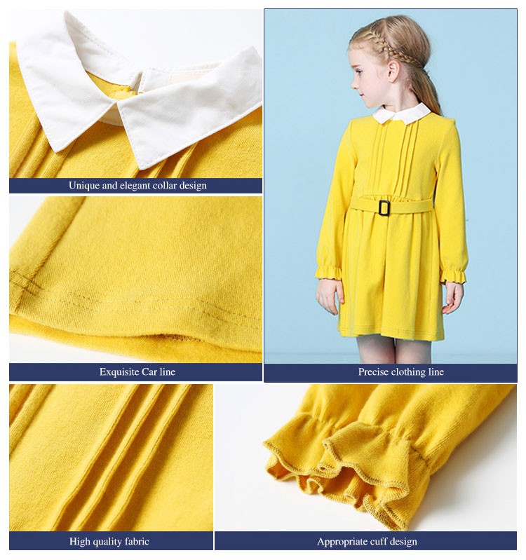 Custom Design Spring Solid Color Long Sleeve Little Girls A-Line Dresses with Belt
