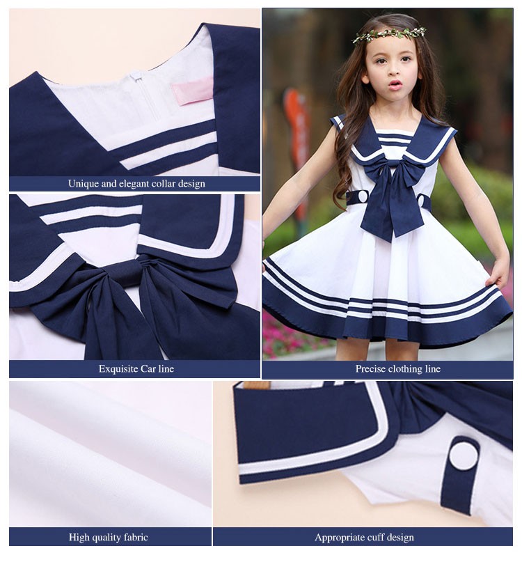 Blue White Zipper Back Color Combination Sleeveless Little Girls Dress with Unique Collar Design