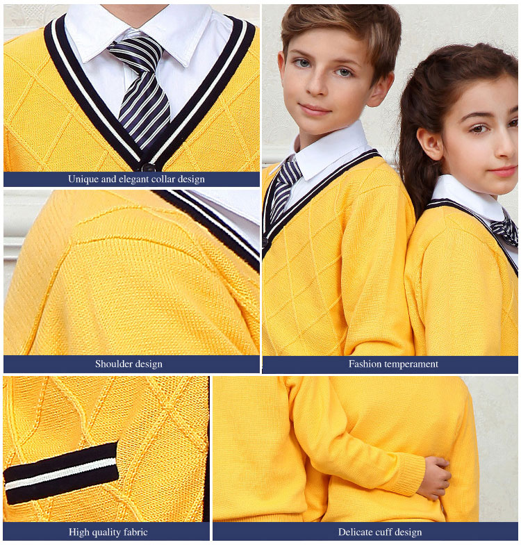 Custom Solid Color Fashion Yellow Open Front Sweater Cardigan School Uniform Design