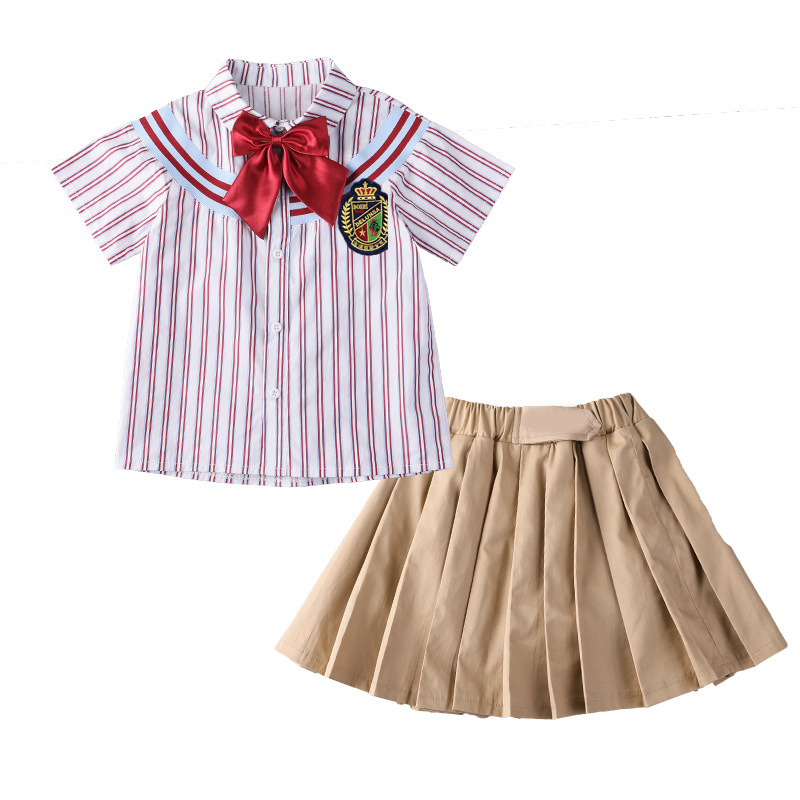 Kindergarten Summer Uniform Children Brown Shorts And Red Stripe Short Sleeve Shirts with Bow Tie