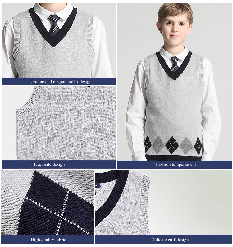 Custom Grey High School Student Uniform Cardigan Sweaters Vest