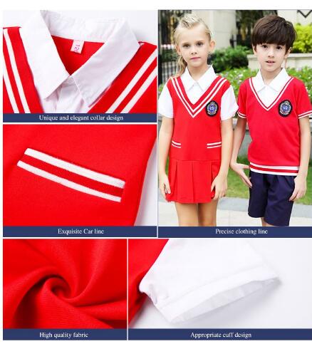 OEM Service Summer Kindergarten School Uniform Designs Children Short Sleeve Shirts Suits