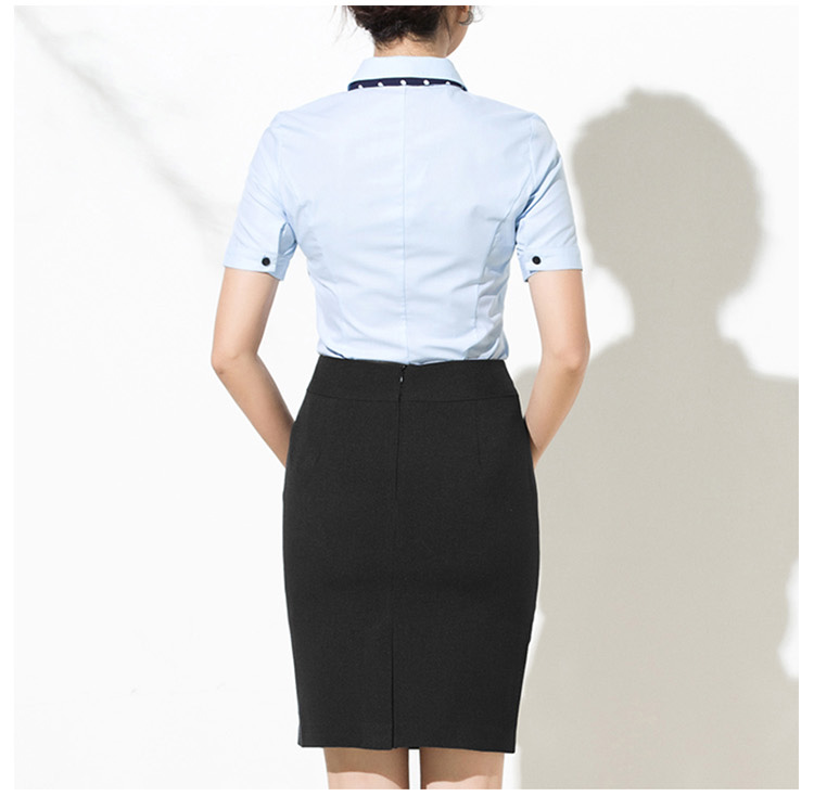Custom Design Lady Office Double Breasted Short Sleeve Blue Shirt And Mid-calf Black Skirt