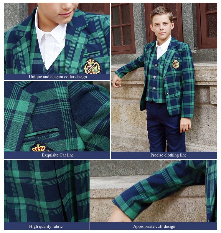 Student Blazer for UK Customized Elementary Plaid Pattern School Uniform Logo Boy and Girls Blazer