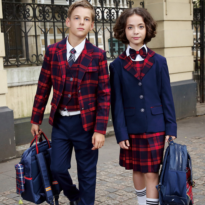 OEM Designs Customized Elementary Red Plaid Pattern School Uniform Logo Boy and Girls Blazer