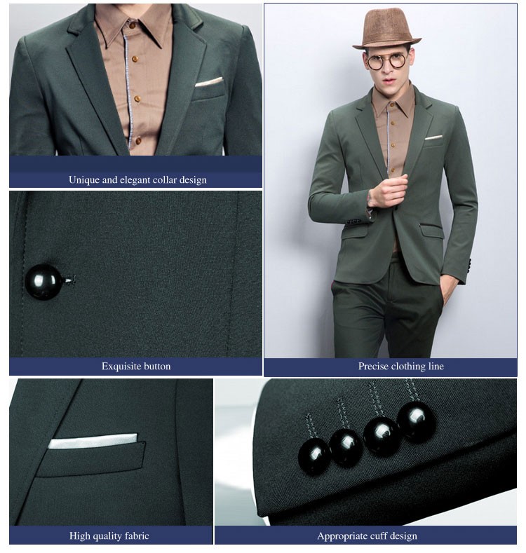 Custom Design Spring Men Casual Solid Green Color Single Breasted V-neck Suit