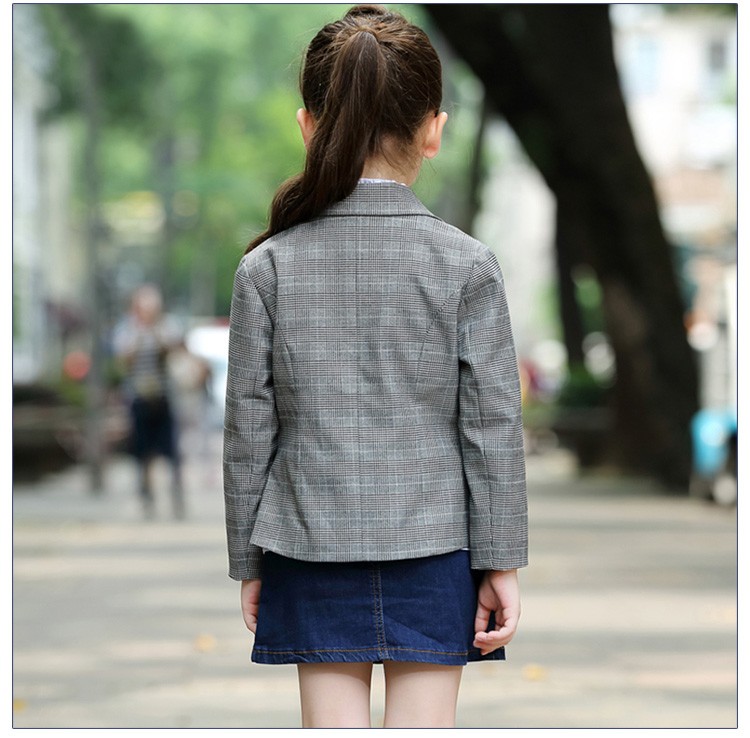 Custom Design Little Girls Long Sleeve Single Breasted Grey Plaid Blazer with Pocket