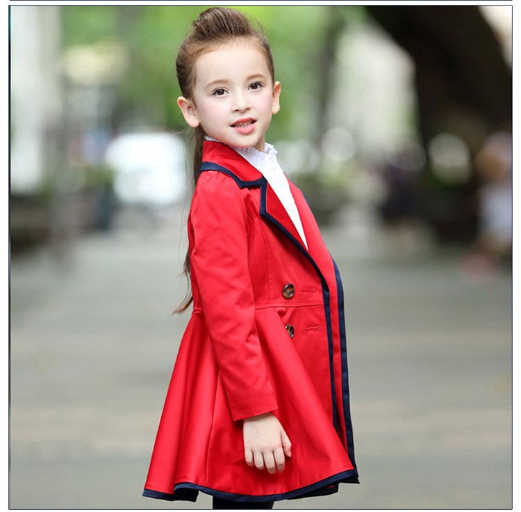 Custom Design Autumn Double Breasted Little Girls Red V-neck Coat with Pocket