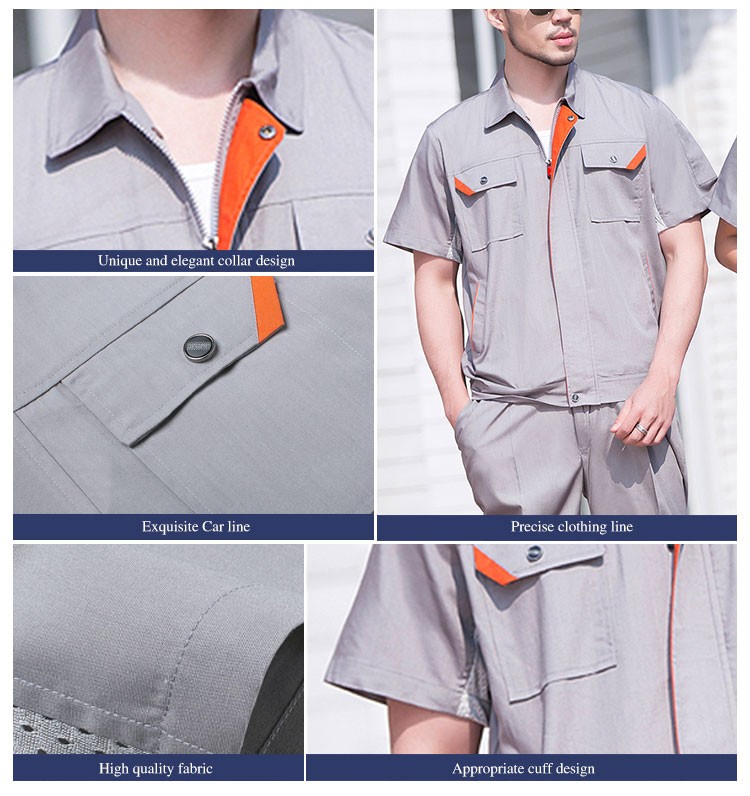 Custom Design Summer Clothing Factory Short Sleeve Zipper Worker Uniform Suit with Pocket