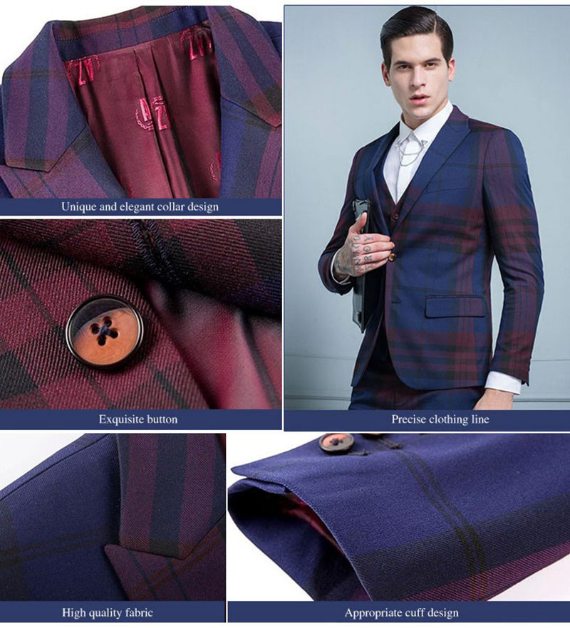 Custom Design OEM Fashion Men Red Blue Plaid Single Breasted V-neck Blazer Suit