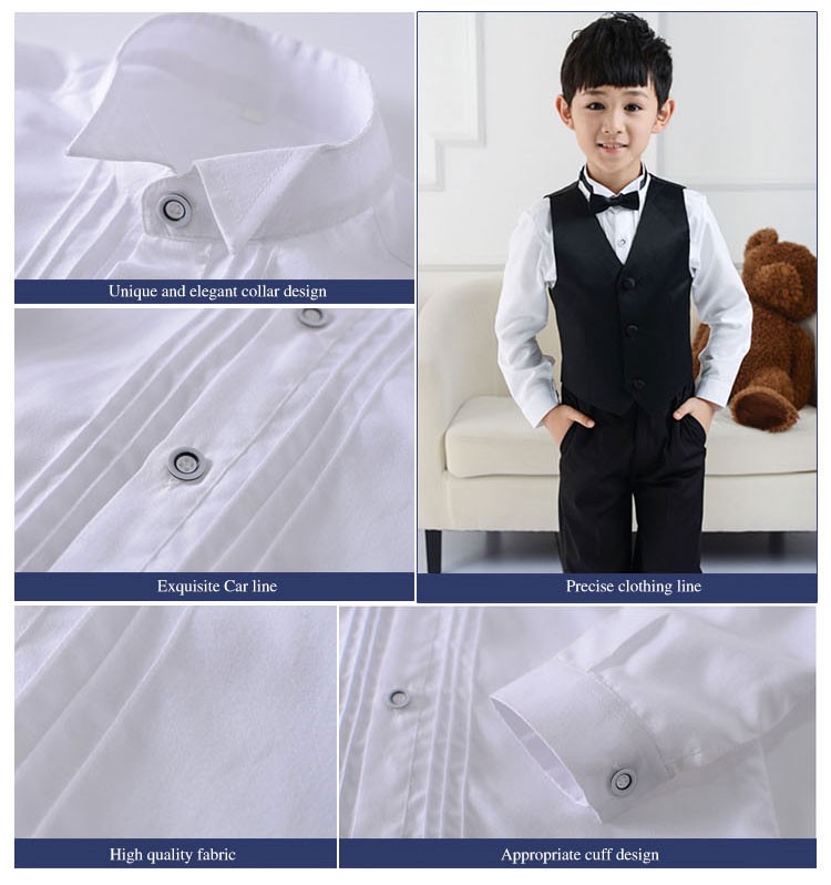 Custom Design Long Sleeve Single Breasted Turn-down Collar Little Boys Pleated Front Shirt