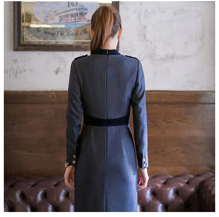 Dark Blue Long Sleeve Zipper Black Office Lady Striped Knee-Length Single Breasted Dress