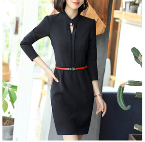 Custom Unique And Elegant Design Long Sleeve Solid Color Lady Office Dress with Belt